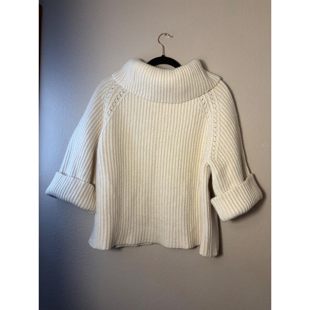 100% Cashmere Cowl Neck Ribbed Sweater Ivory Cream Cuffed Sleeve Medium